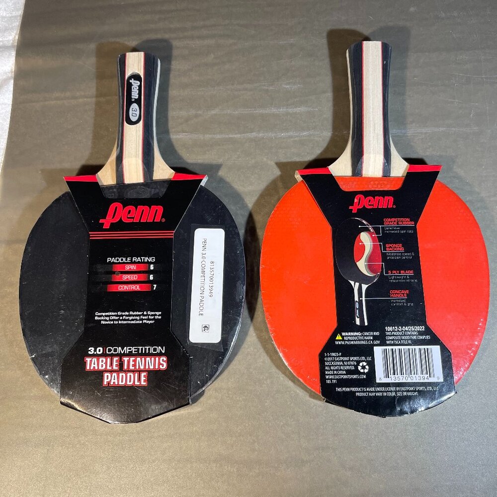 2 Penn 3.0 Professional Table Tennis Paddle with 5-ply Blade Brand New (1290)
